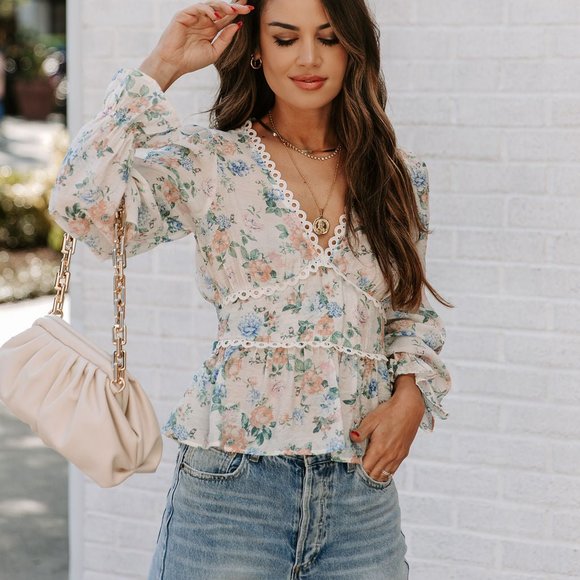 Vici Tops - MALAIA FLORAL CROCHET PEPLUM TOP - IVORY MULTI